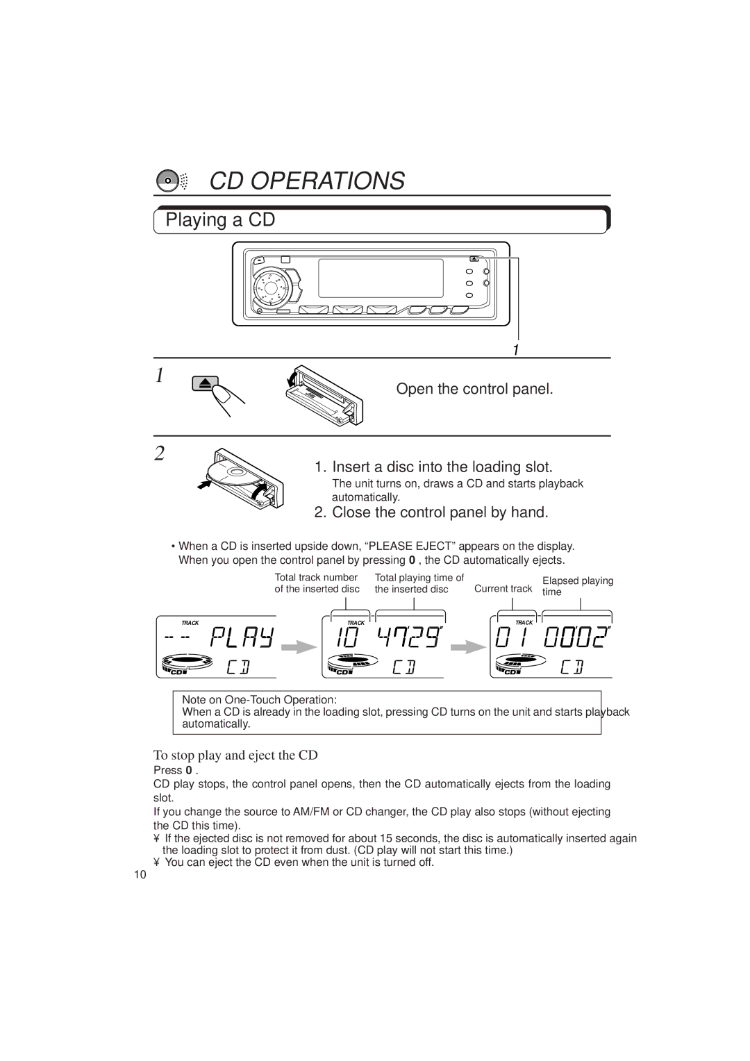 JVC KD-SX939/SX930 manual CD Operations, Playing a CD, Open the control panel Insert a disc into the loading slot 