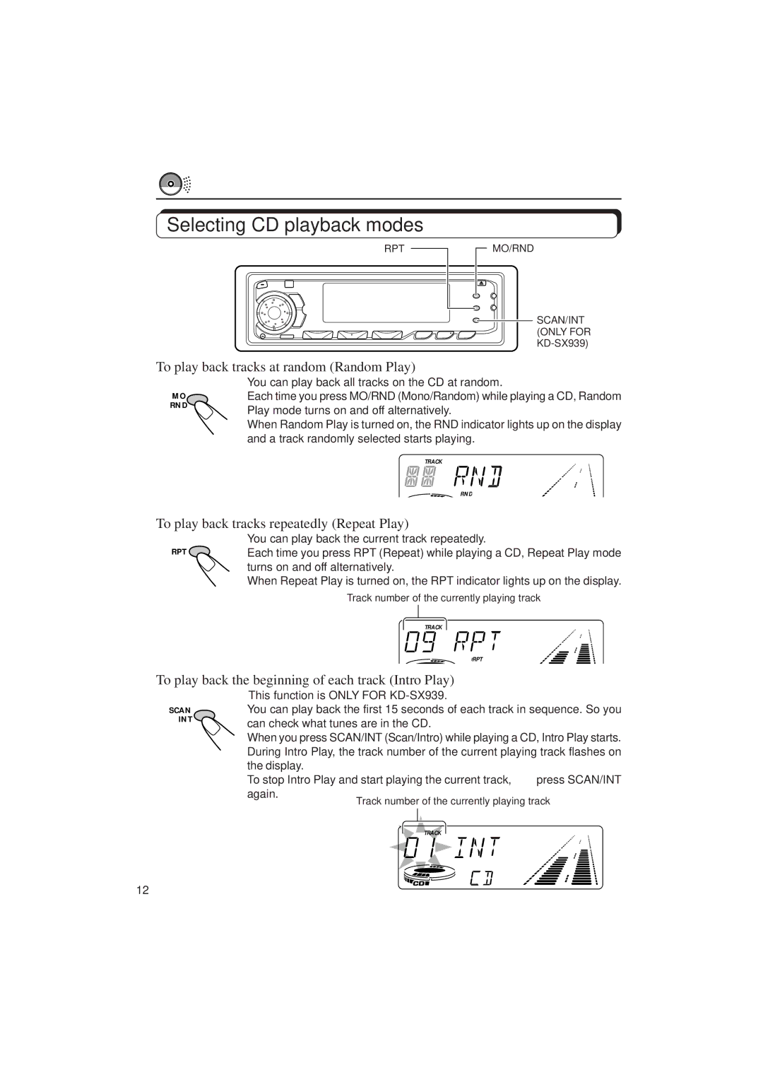 JVC KD-SX939/SX930 manual Selecting CD playback modes, To play back tracks at random Random Play 