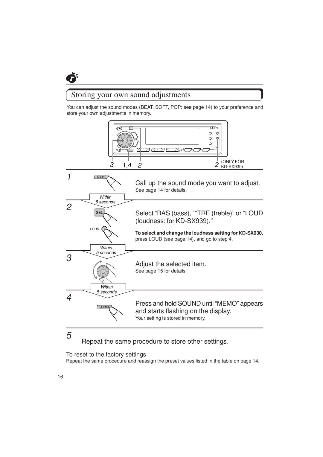 JVC KD-SX939/SX930 manual Storing your own sound adjustments 