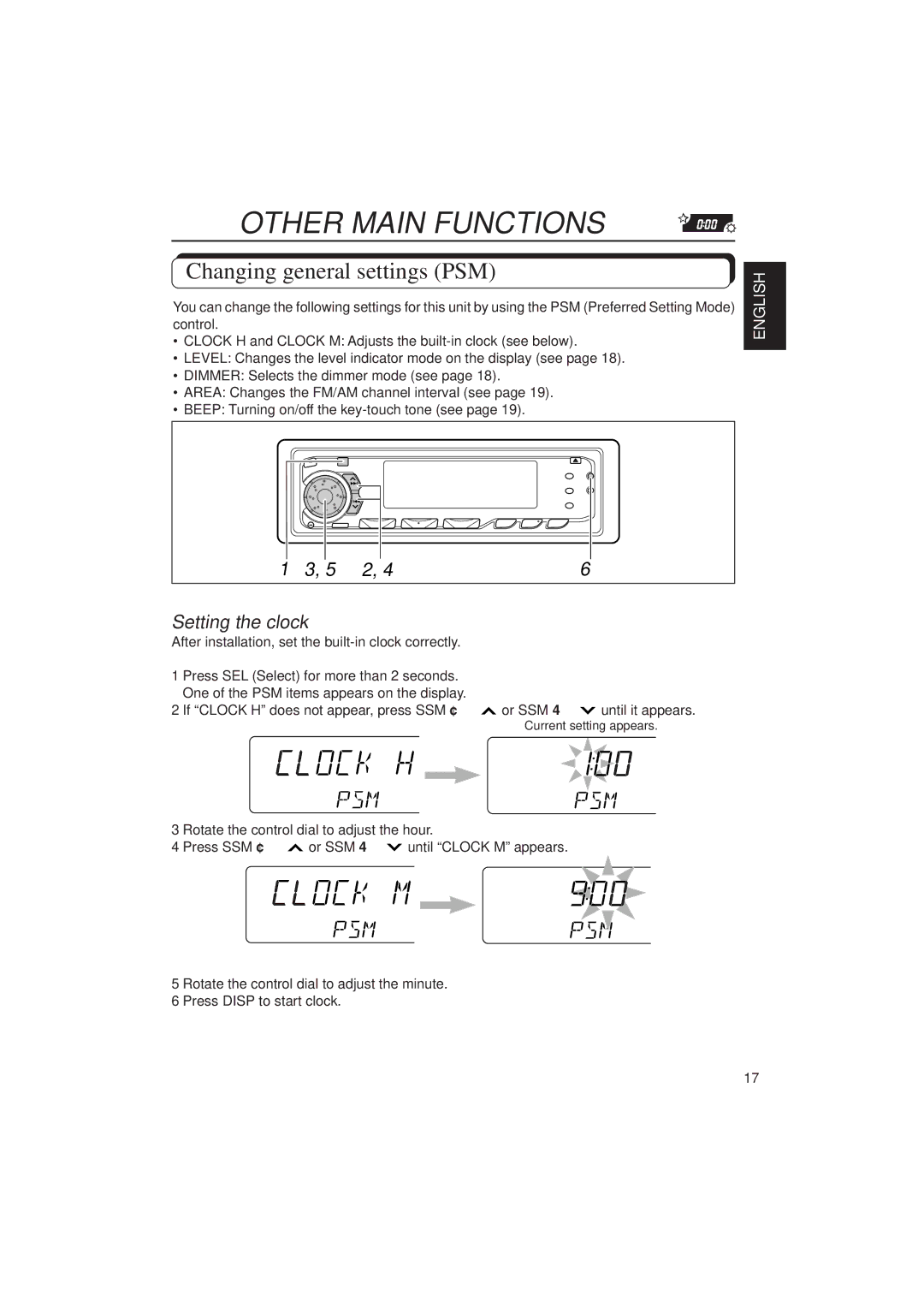 JVC KD-SX939/SX930 manual Other Main Functions, Changing general settings PSM, Setting the clock 