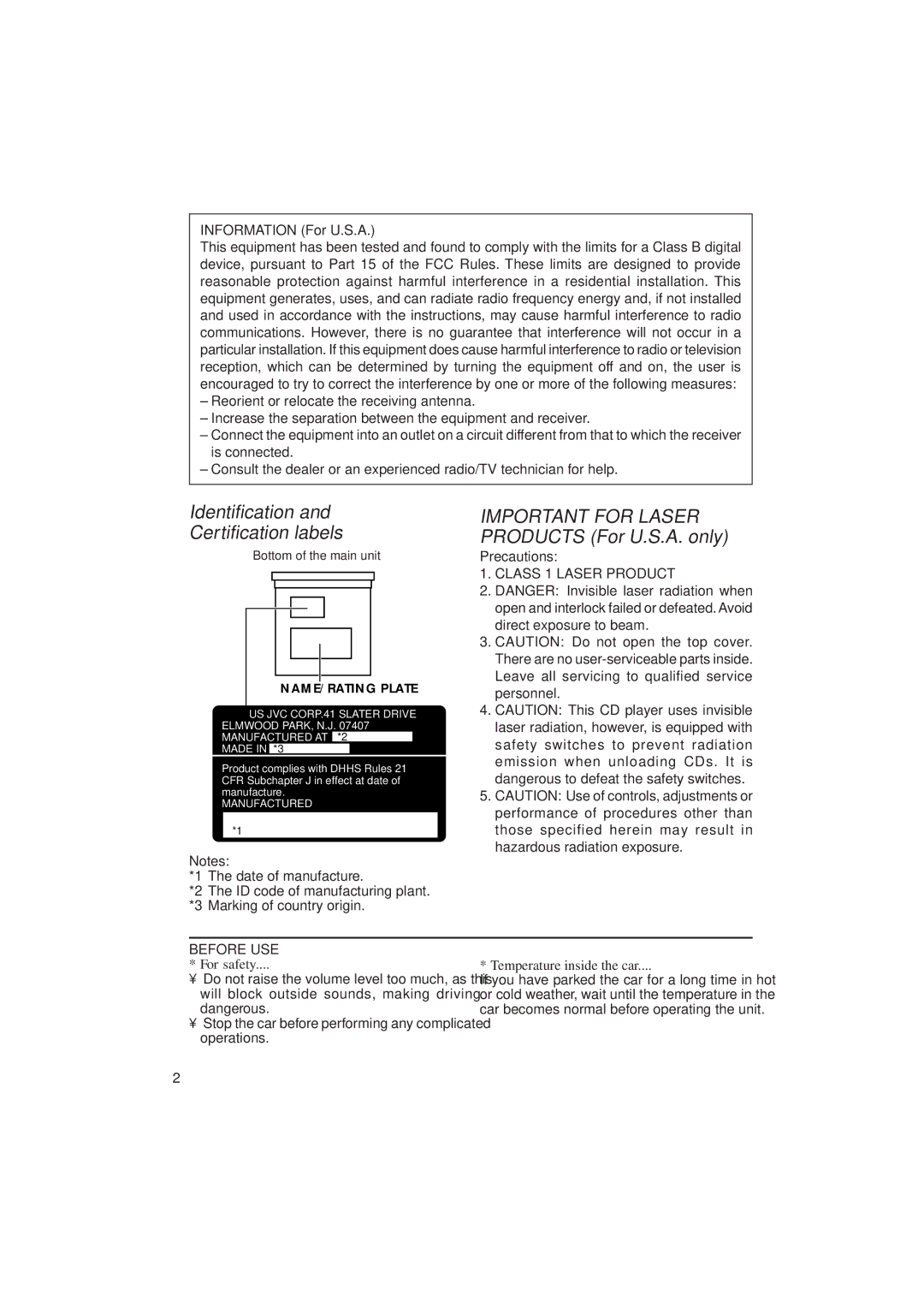 JVC KD-SX939/SX930 Identification and Certification labels, Important for Laser Products For U.S.A. only, Precautions 