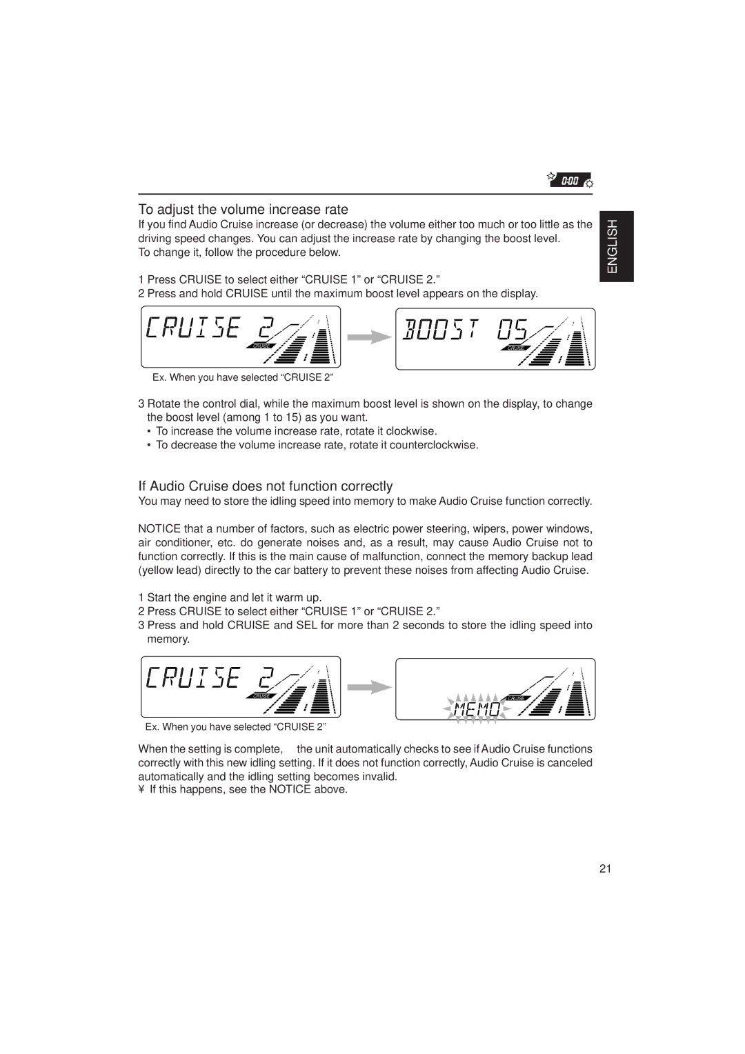 JVC KD-SX939/SX930 manual To adjust the volume increase rate, If Audio Cruise does not function correctly 