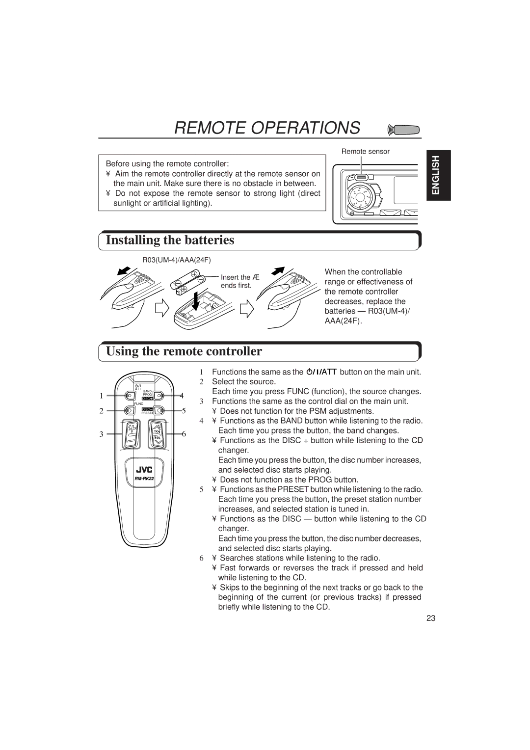 JVC KD-SX939/SX930 manual Remote Operations, Installing the batteries, Using the remote controller 