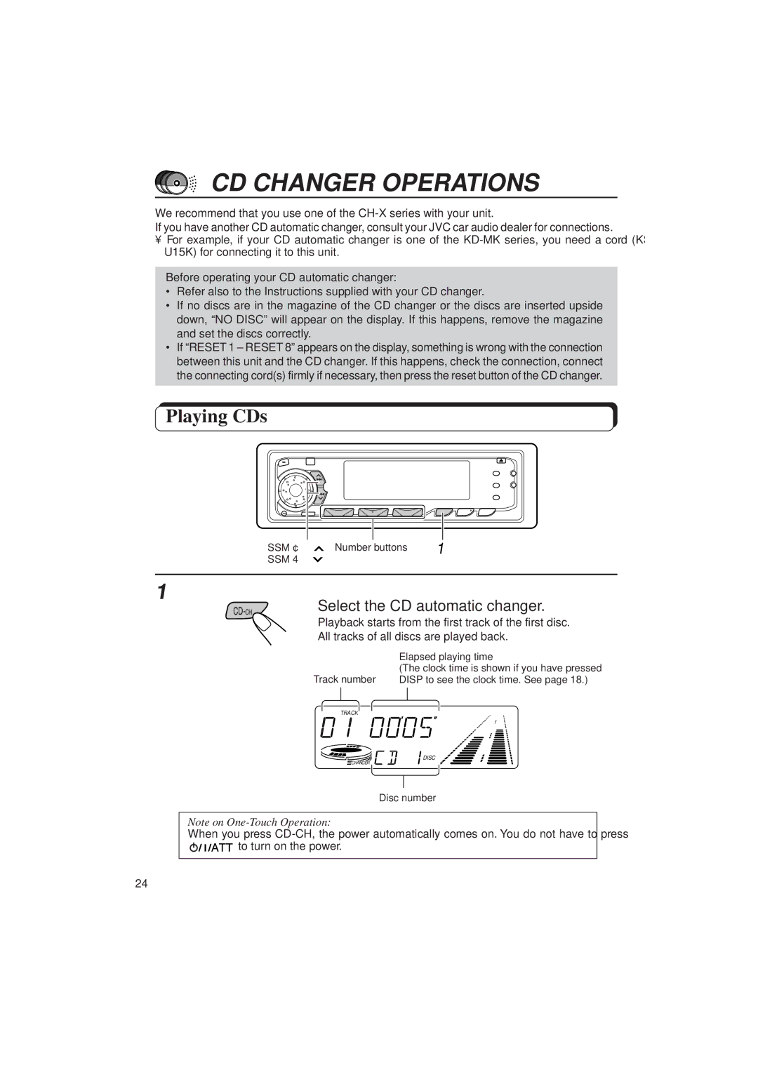 JVC KD-SX939/SX930 manual CD Changer Operations, Playing CDs, Select the CD automatic changer 