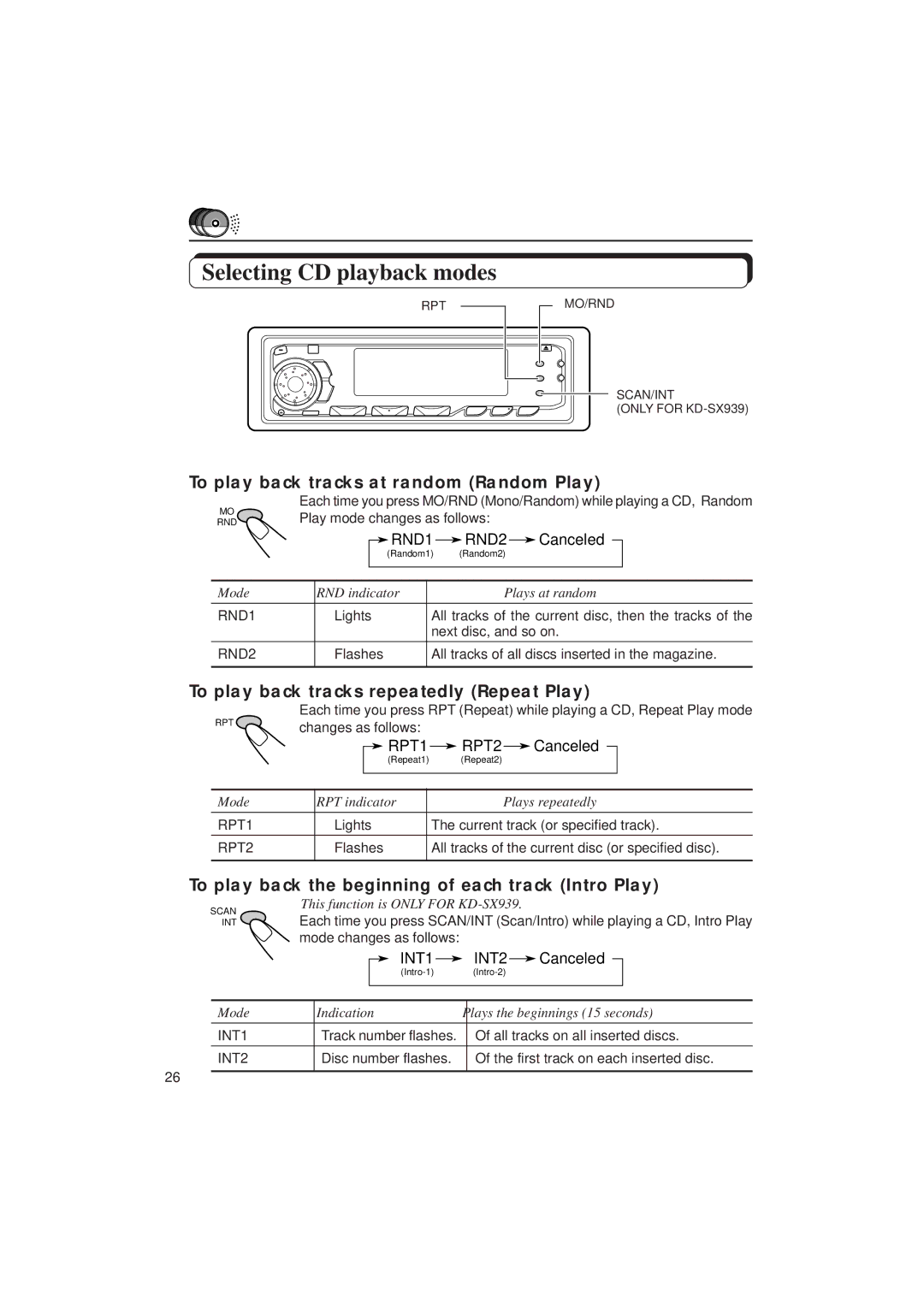 JVC KD-SX939/SX930 manual Canceled, Mode RND indicator Plays at random, Mode RPT indicator Plays repeatedly 