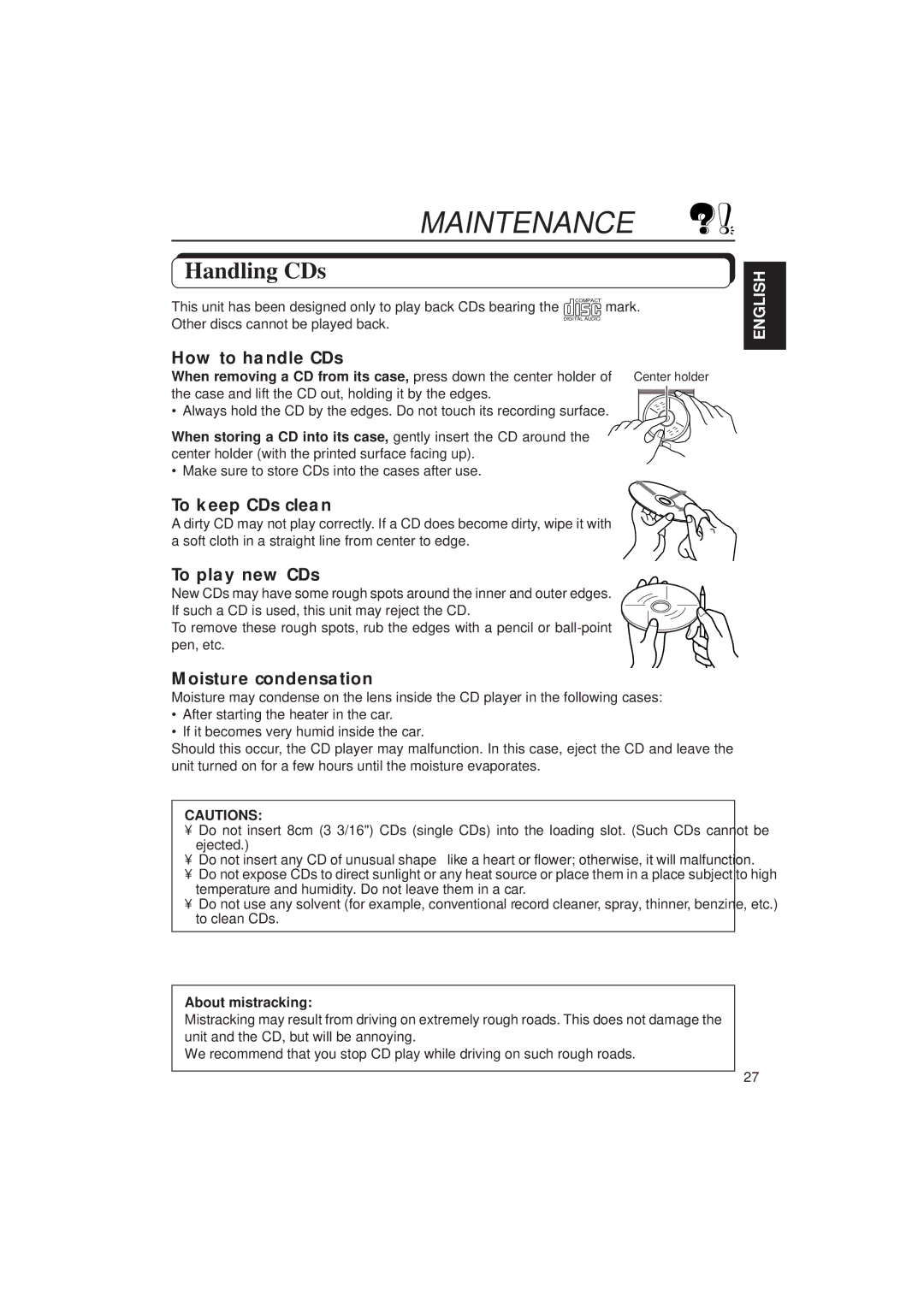 JVC KD-SX939/SX930 manual Maintenance, Handling CDs 