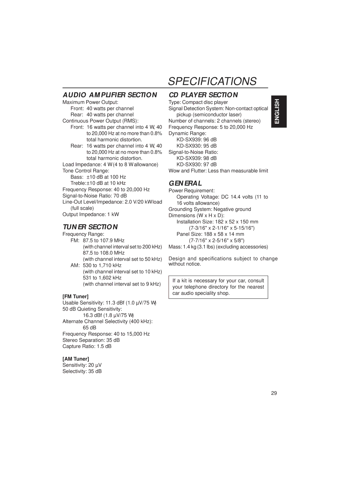 JVC KD-SX939/SX930 manual Specifications, FM Tuner, AM Tuner 