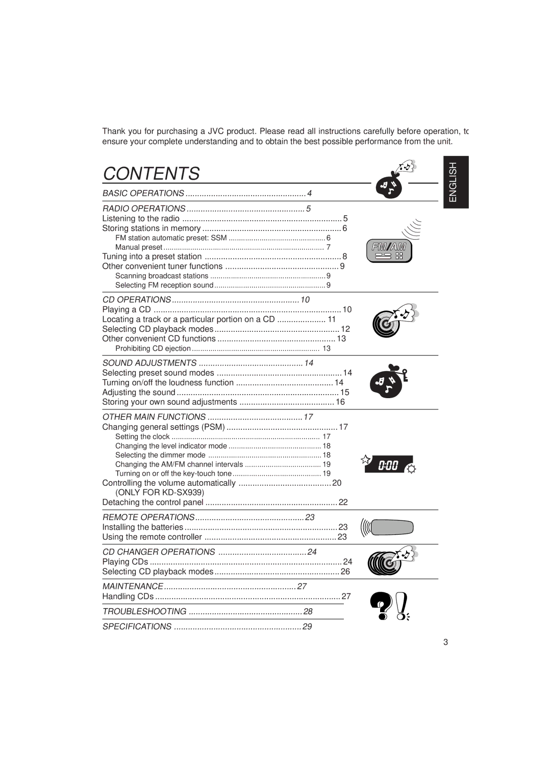 JVC KD-SX939/SX930 manual Contents 