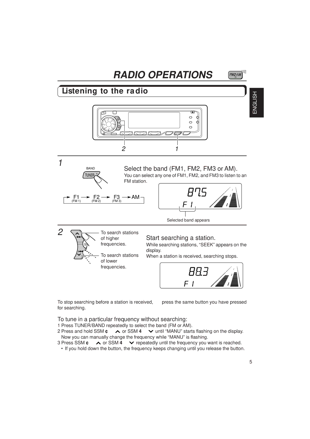 JVC KD-SX939/SX930 manual Radio Operations, Listening to the radio, Start searching a station, FM station 