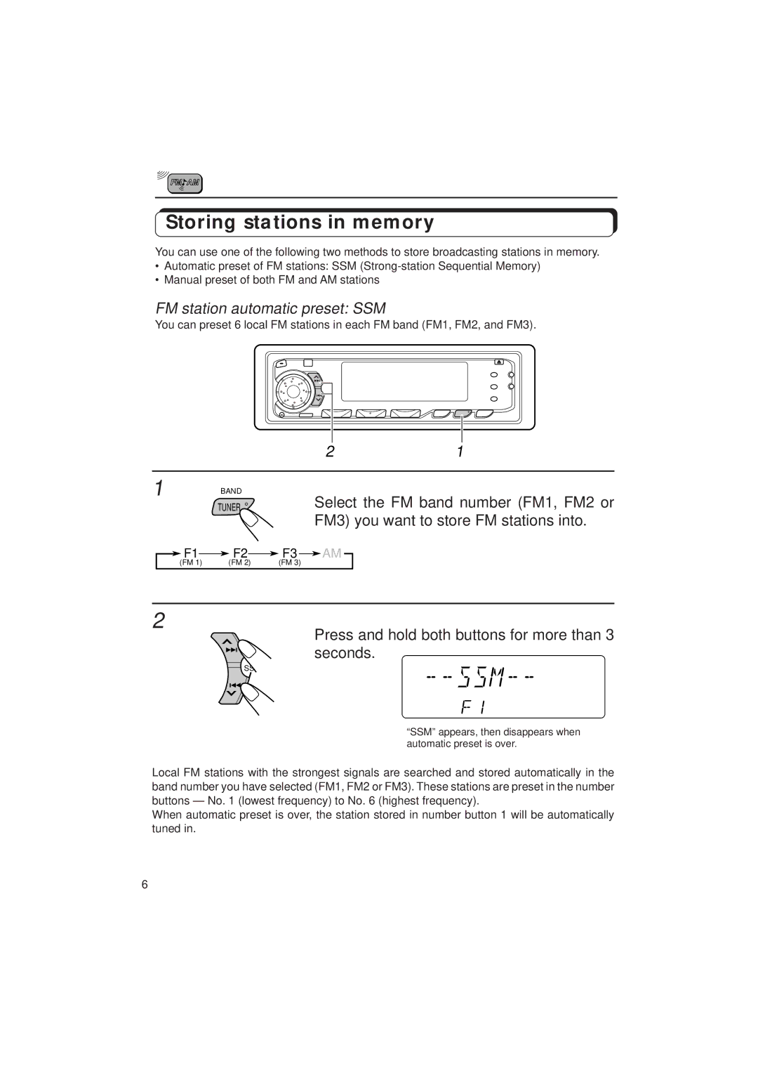 JVC KD-SX939/SX930 manual Storing stations in memory, FM station automatic preset SSM 