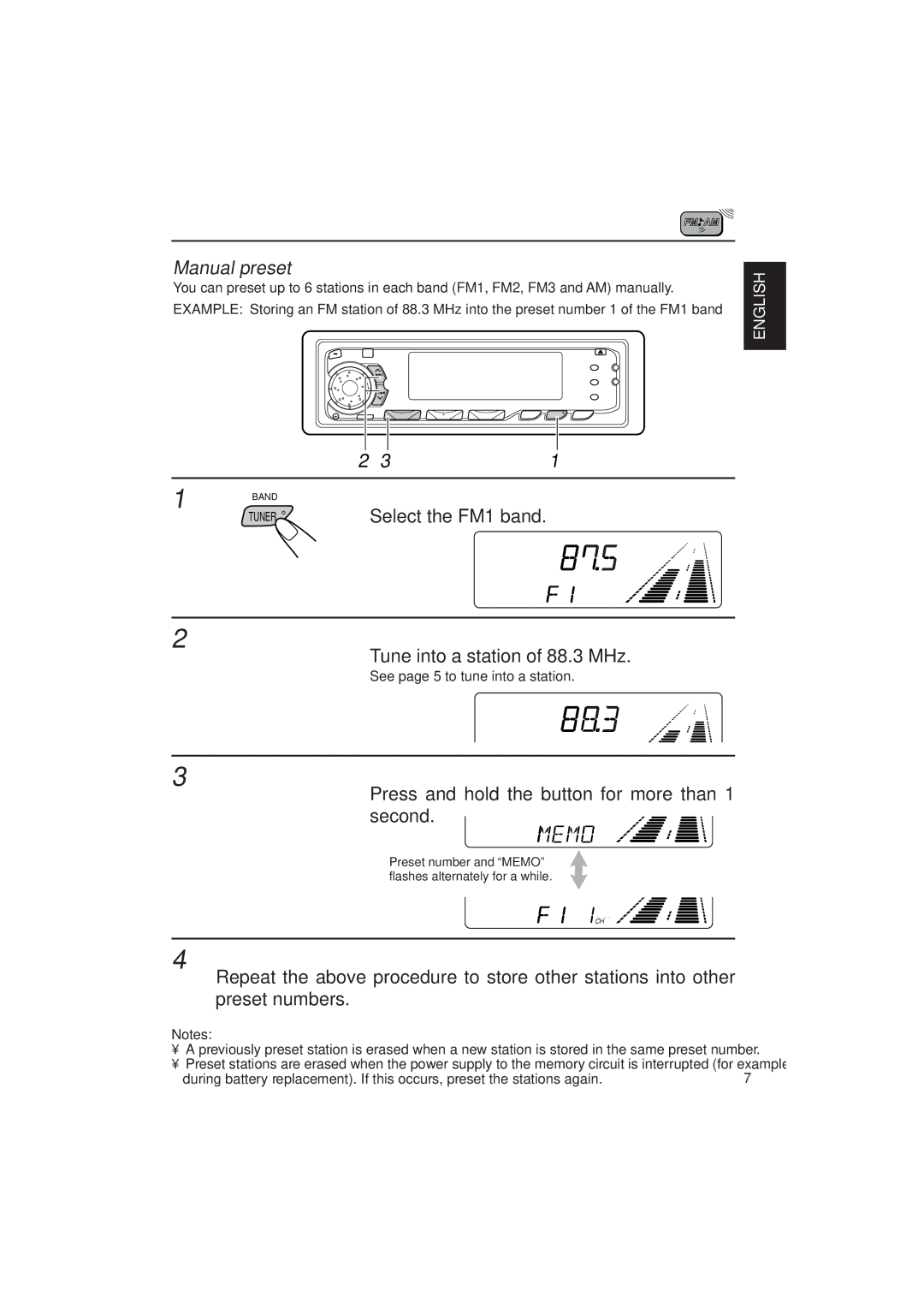 JVC KD-SX939/SX930 manual Manual preset, Tune into a station of 88.3 MHz, Press and hold the button for more than 1 second 