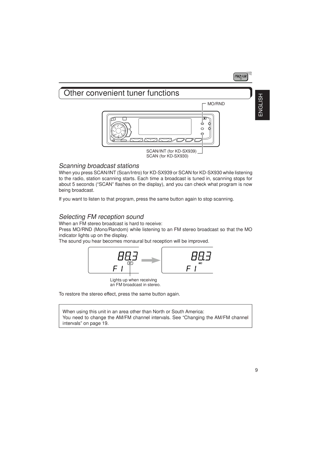 JVC KD-SX939/SX930 manual Other convenient tuner functions, Scanning broadcast stations, Selecting FM reception sound 