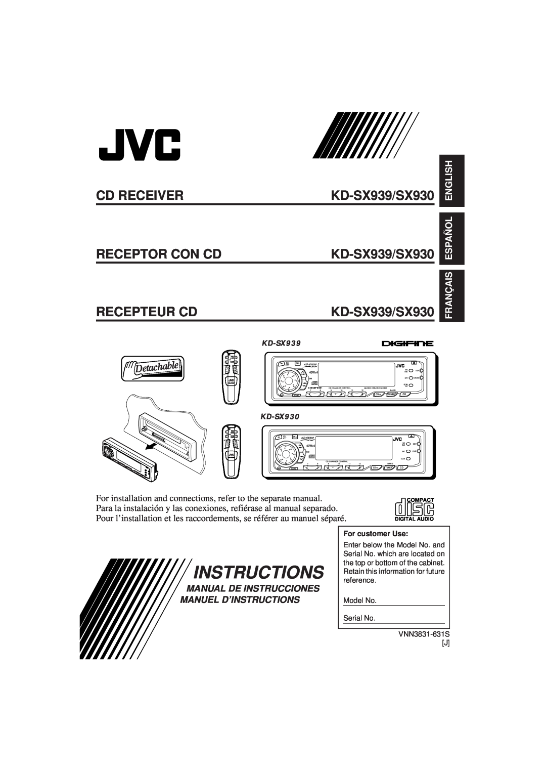 JVC KD-SX939/SX930 manual Instructions, Cd Receiver, Receptor Con Cd, Recepteur Cd, Français Español English, KD-SX930 