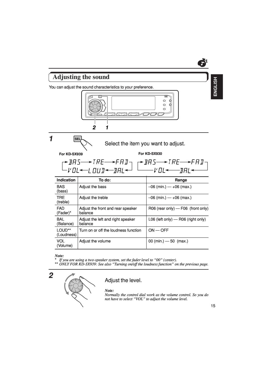 JVC KD-SX939/SX930 manual Adjusting the sound, English, Indication, To do, Range 