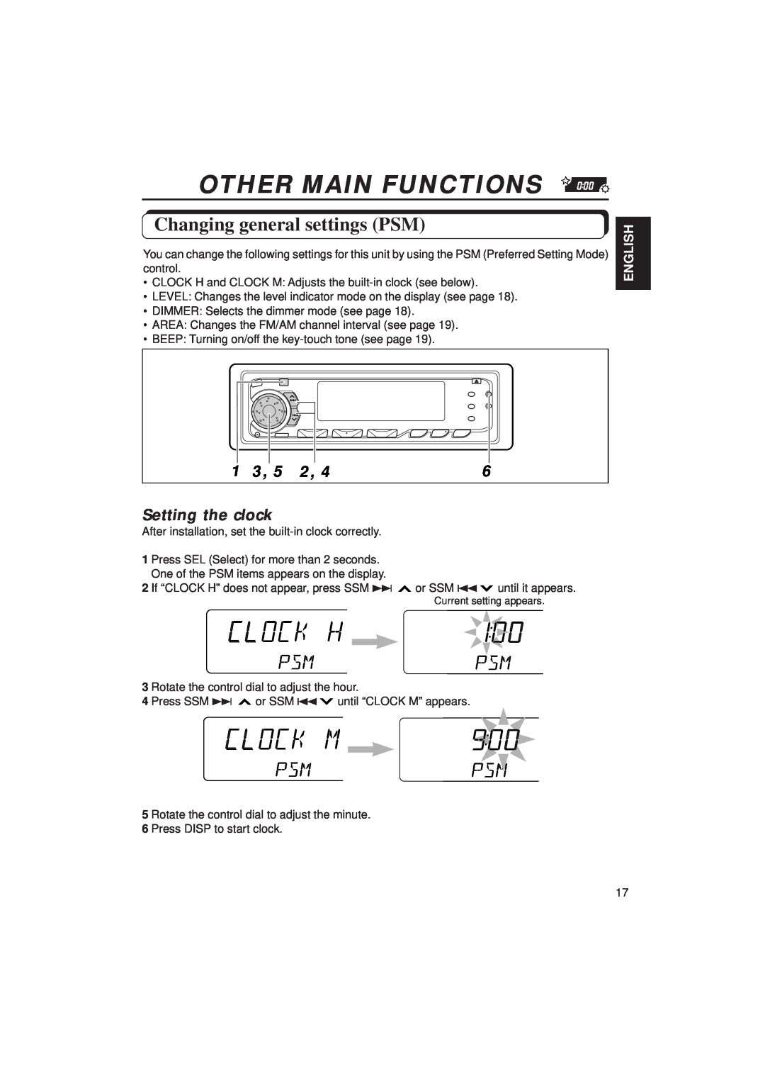 JVC KD-SX939/SX930 manual Other Main Functions, Changing general settings PSM, Setting the clock, English 