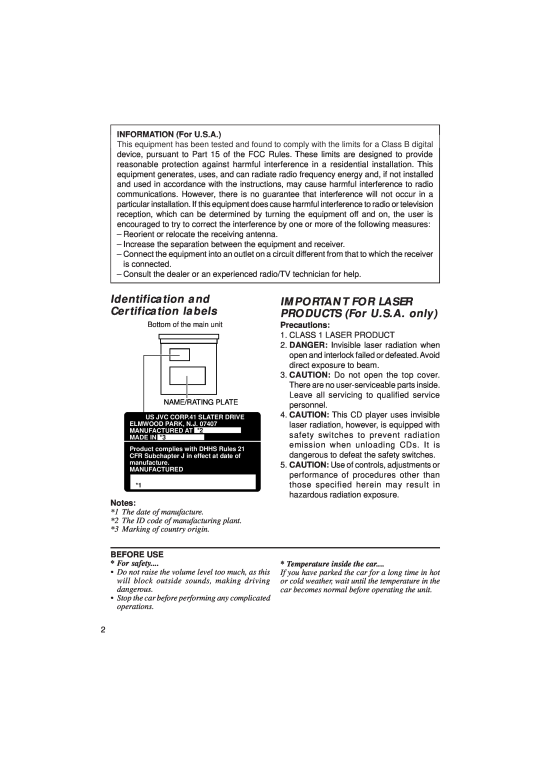 JVC KD-SX939/SX930 manual Identification and Certification labels, IMPORTANT FOR LASER PRODUCTS For U.S.A. only, Notes 