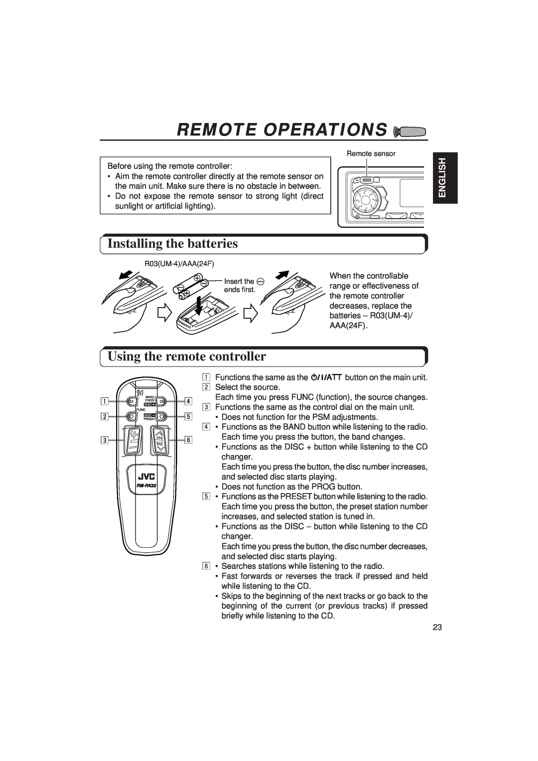 JVC KD-SX939/SX930 manual Remote Operations, Installing the batteries, Using the remote controller, English 