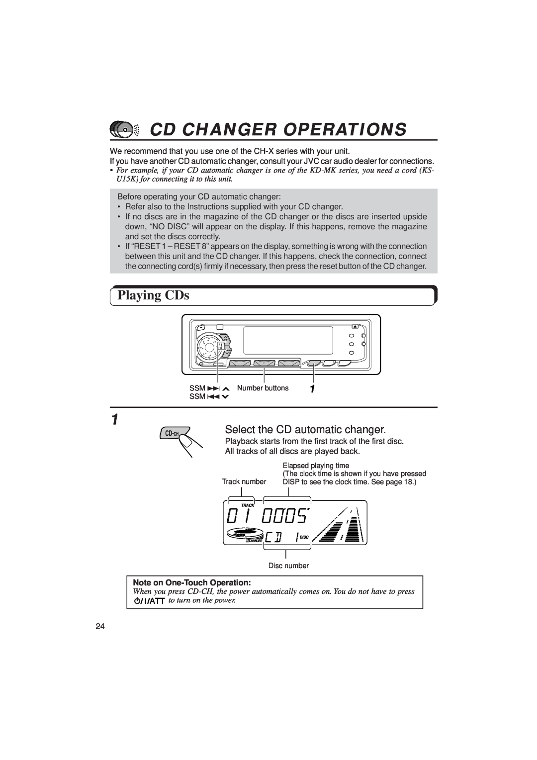 JVC KD-SX939/SX930 manual Cd Changer Operations, Playing CDs, Note on One-TouchOperation 