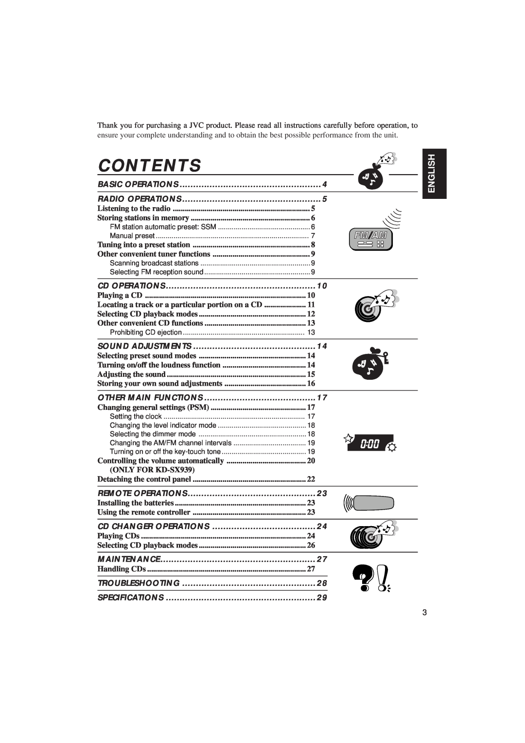 JVC KD-SX939/SX930 manual Contents, English 