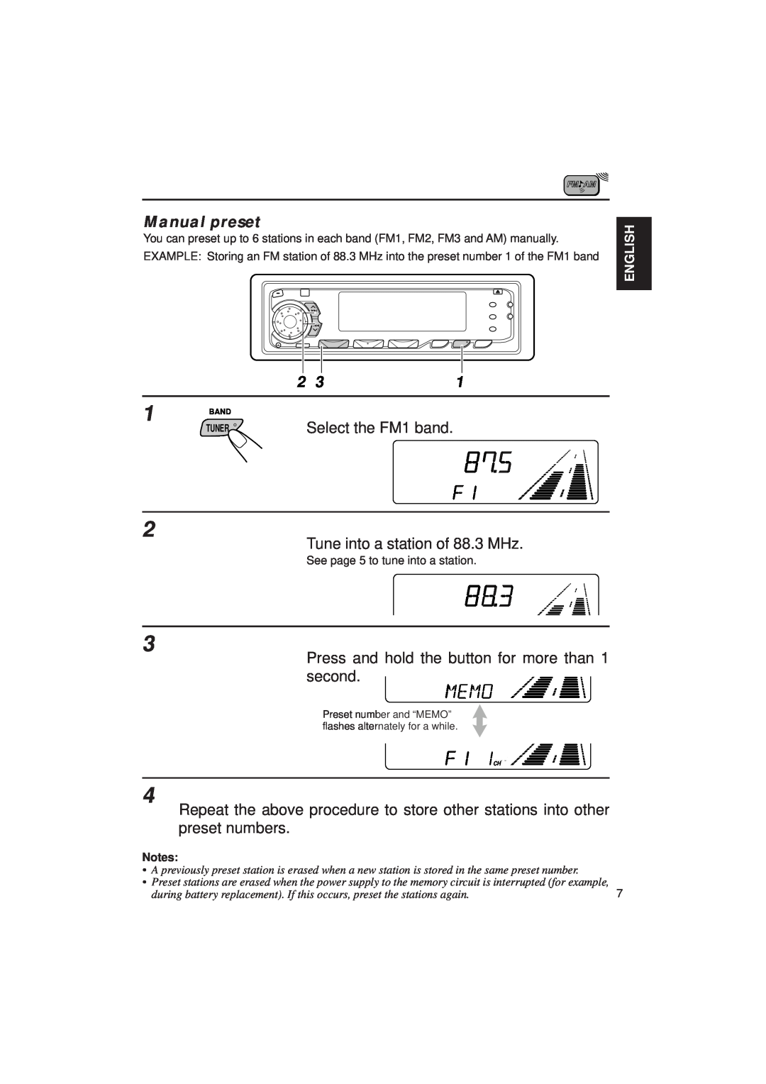 JVC KD-SX939/SX930 manual Manual preset, Select the FM1 band, English, Notes 