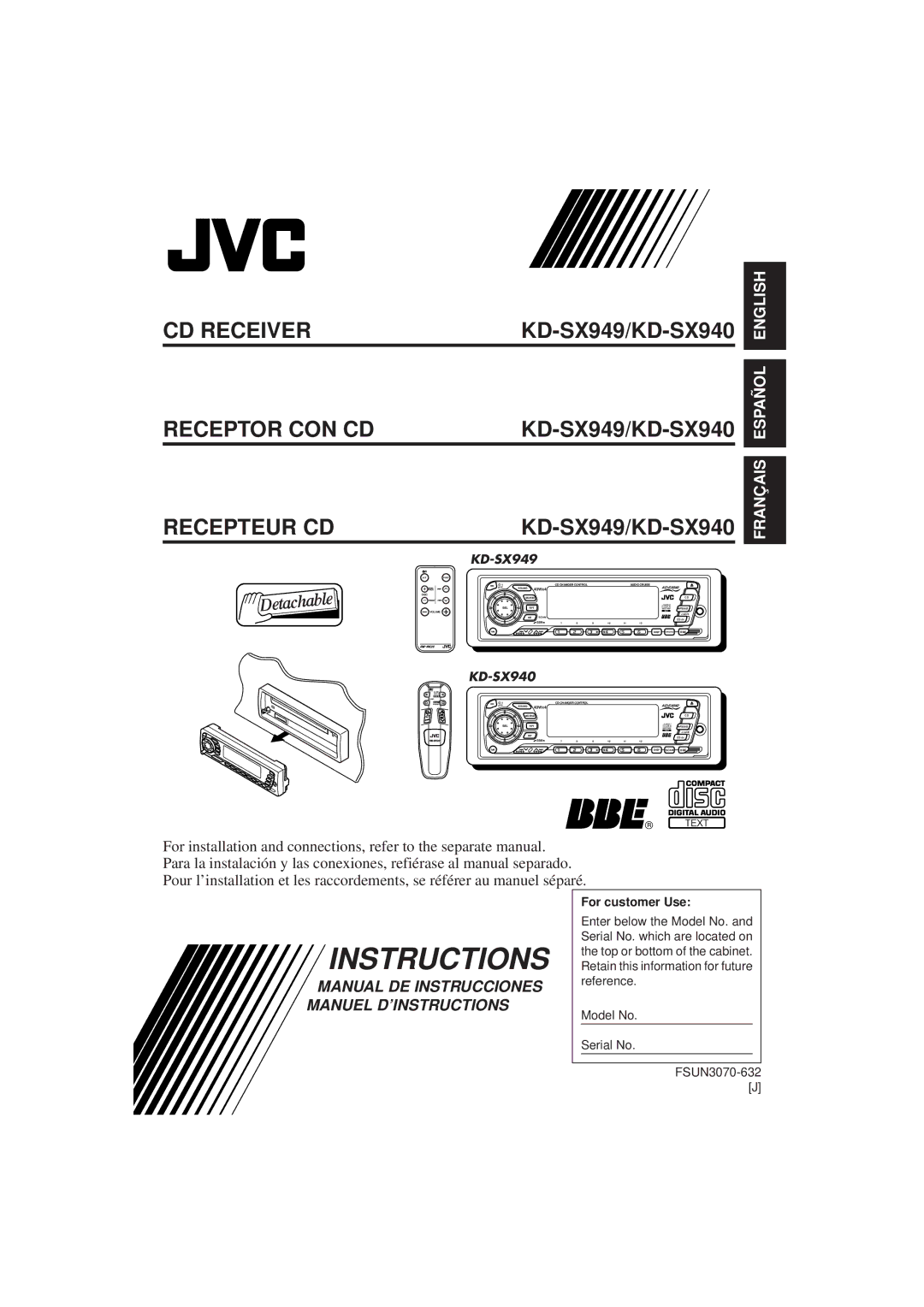 JVC KD-SX940, KD-SX949 manual Instructions, Recepteur CD 