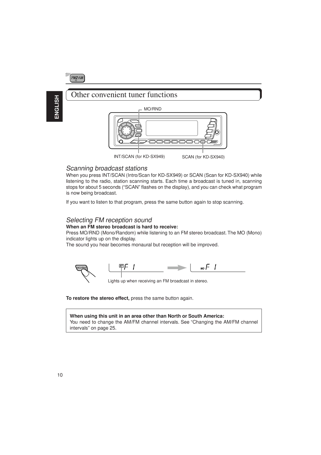 JVC KD-SX949, KD-SX940 manual Other convenient tuner functions, Scanning broadcast stations, Selecting FM reception sound 