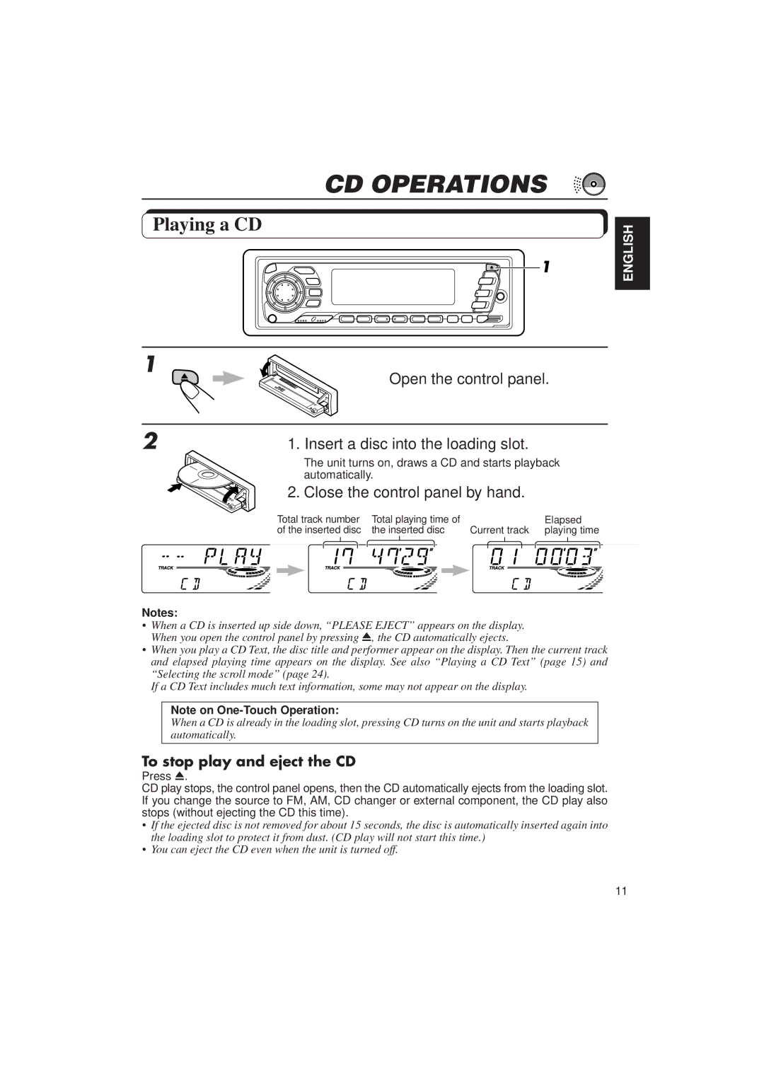 JVC KD-SX940, KD-SX949 manual CD Operations, Playing a CD, Open the control panel Insert a disc into the loading slot 