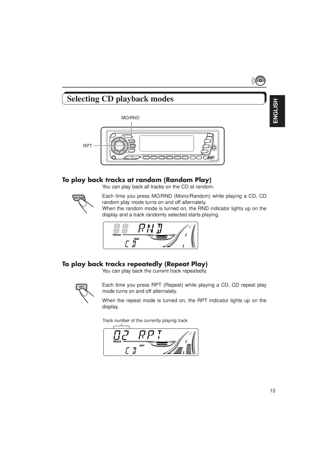 JVC KD-SX940, KD-SX949 manual Selecting CD playback modes, To play back tracks at random Random Play 