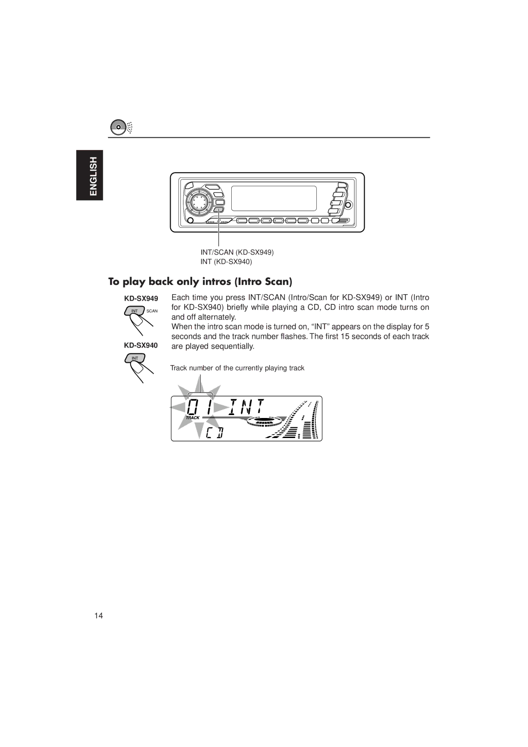 JVC KD-SX949, KD-SX940 manual To play back only intros Intro Scan 