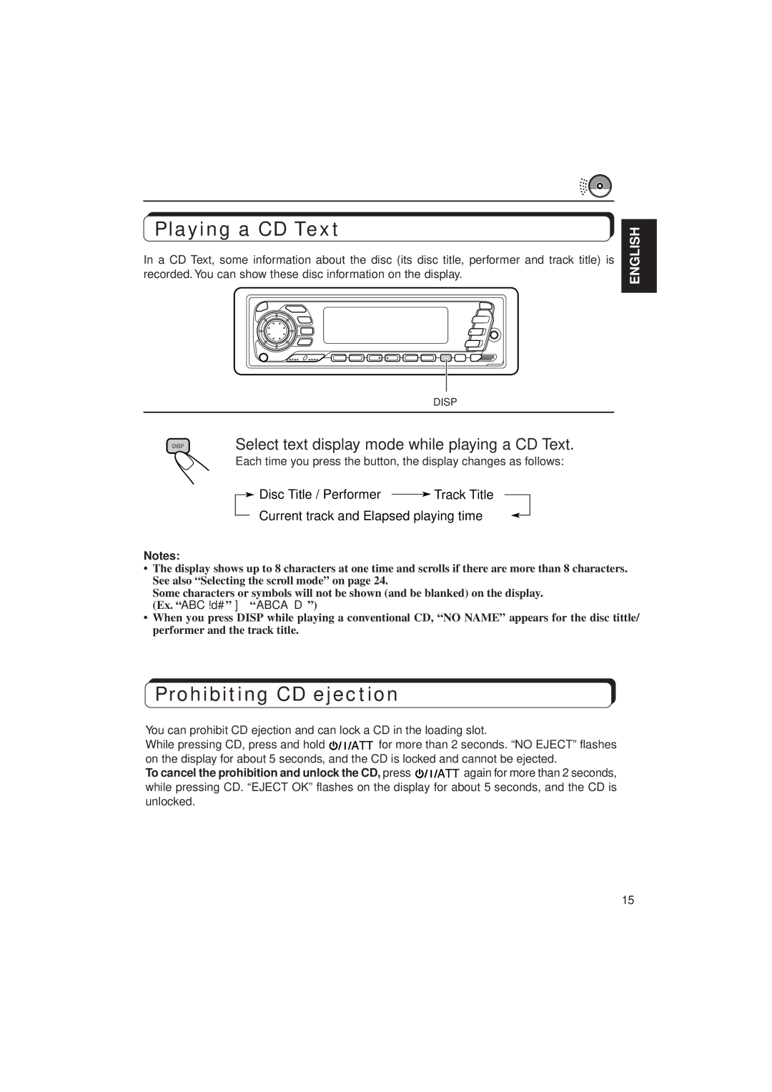 JVC KD-SX940, KD-SX949 manual Playing a CD Text, Prohibiting CD ejection, Select text display mode while playing a CD Text 