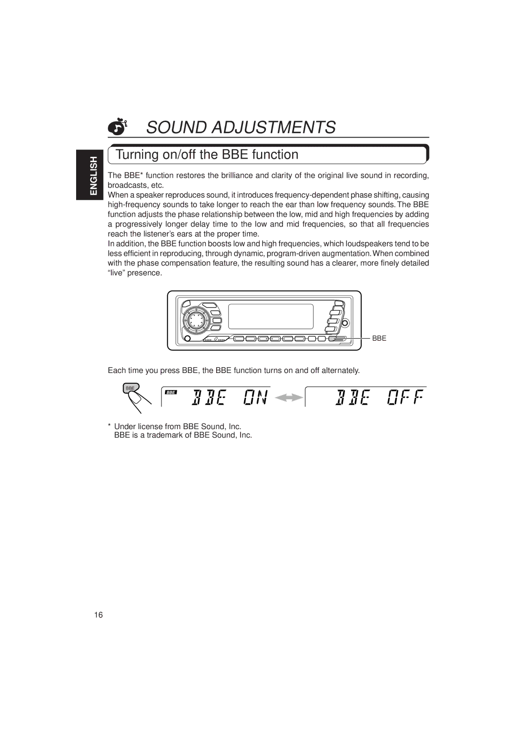 JVC KD-SX949, KD-SX940 manual Sound Adjustments, Turning on/off the BBE function 