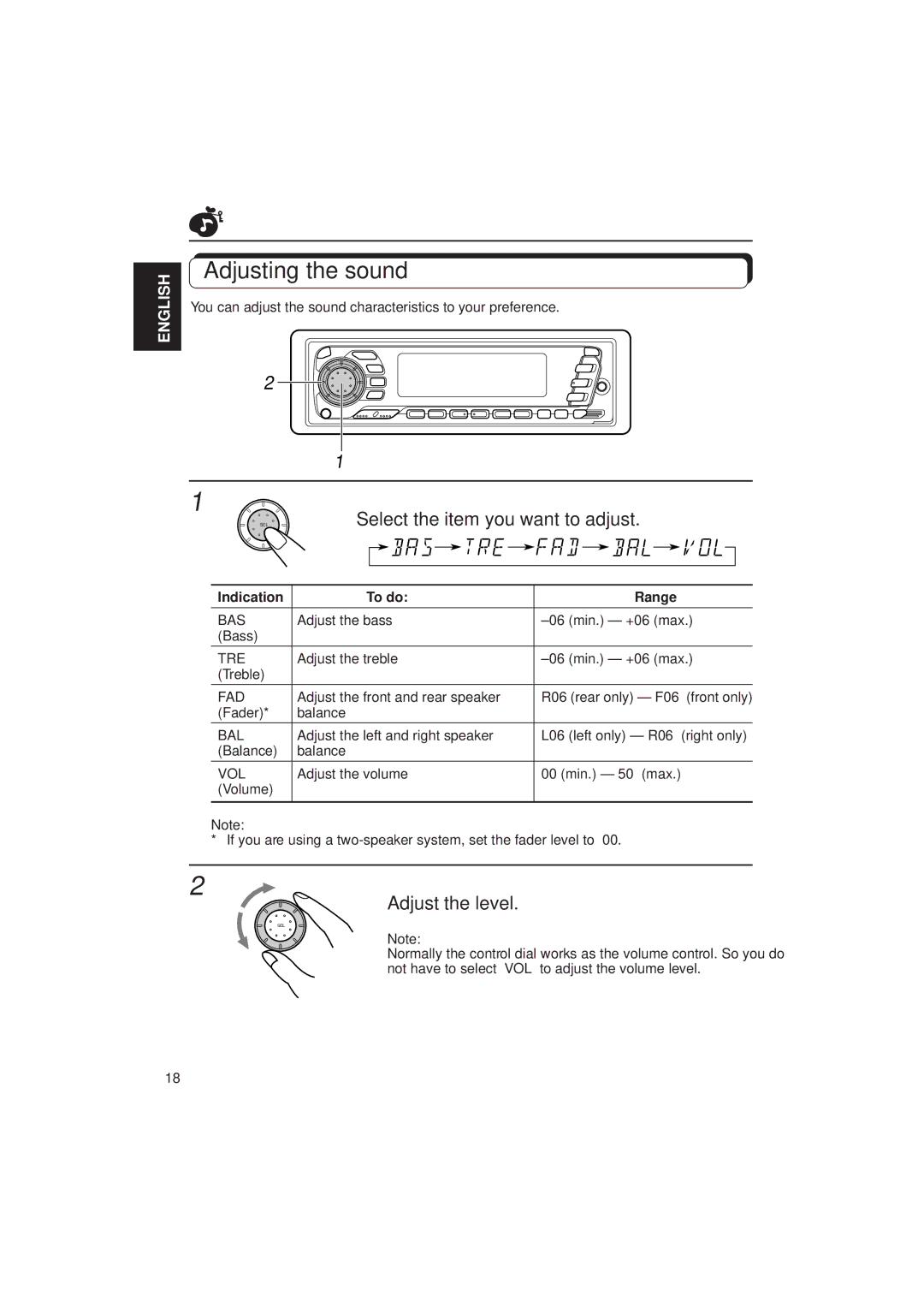 JVC KD-SX949, KD-SX940 manual Adjusting the sound, Adjust the level, Indication To do Range 