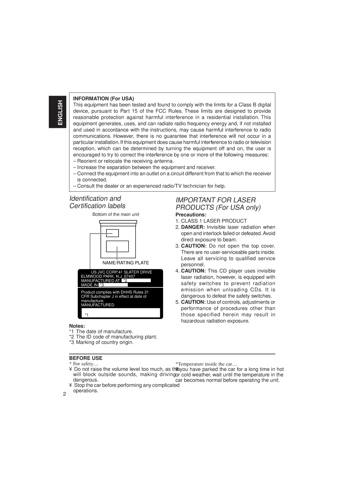 JVC KD-SX949, KD-SX940 manual Identification, Certification labels Products For USA only, Information For USA 