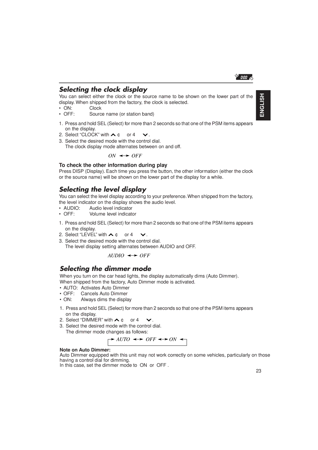 JVC KD-SX940, KD-SX949 manual Selecting the clock display, Selecting the level display, Selecting the dimmer mode 