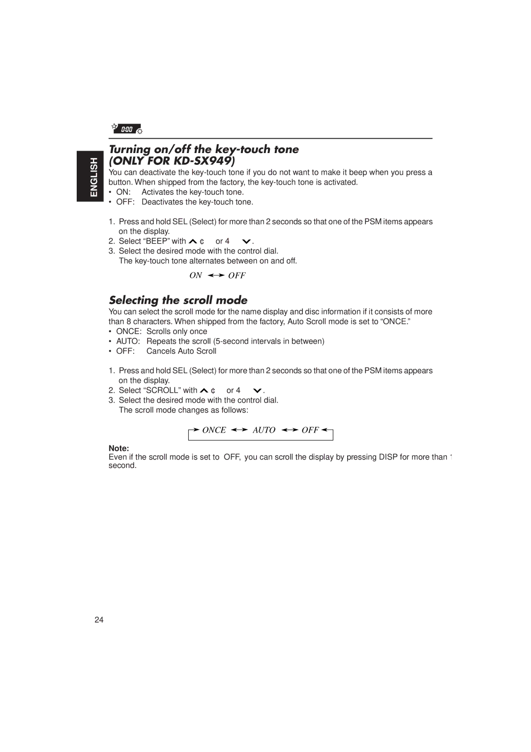 JVC KD-SX940 manual Turning on/off the key-touch tone only for KD-SX949, Selecting the scroll mode 