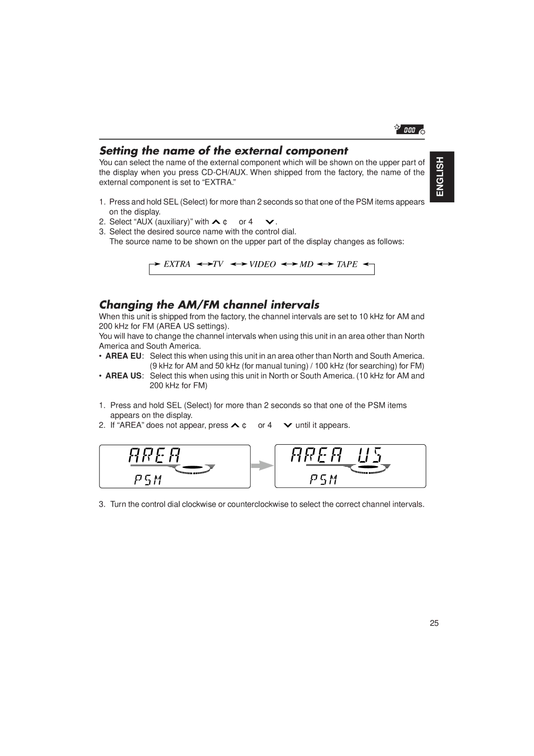 JVC KD-SX940, KD-SX949 manual Setting the name of the external component, Changing the AM/FM channel intervals 