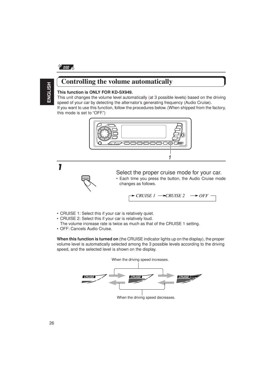 JVC KD-SX949, KD-SX940 manual Controlling the volume automatically, Select the proper cruise mode for your car 