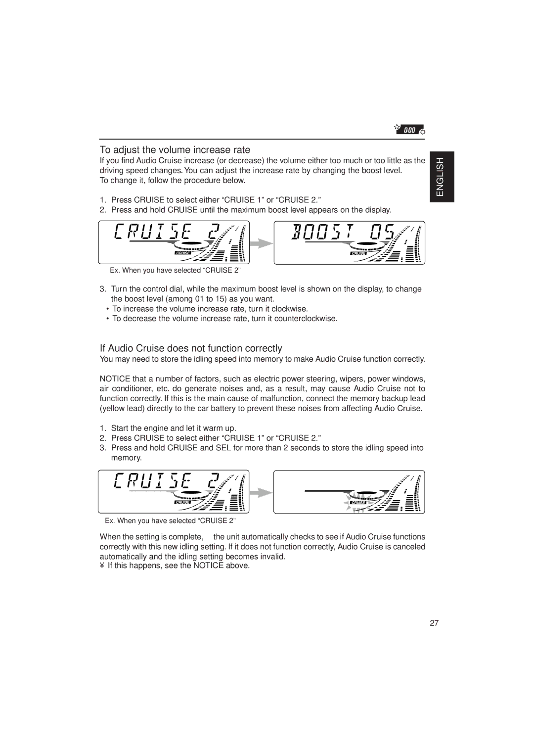 JVC KD-SX940, KD-SX949 manual To adjust the volume increase rate, If Audio Cruise does not function correctly 