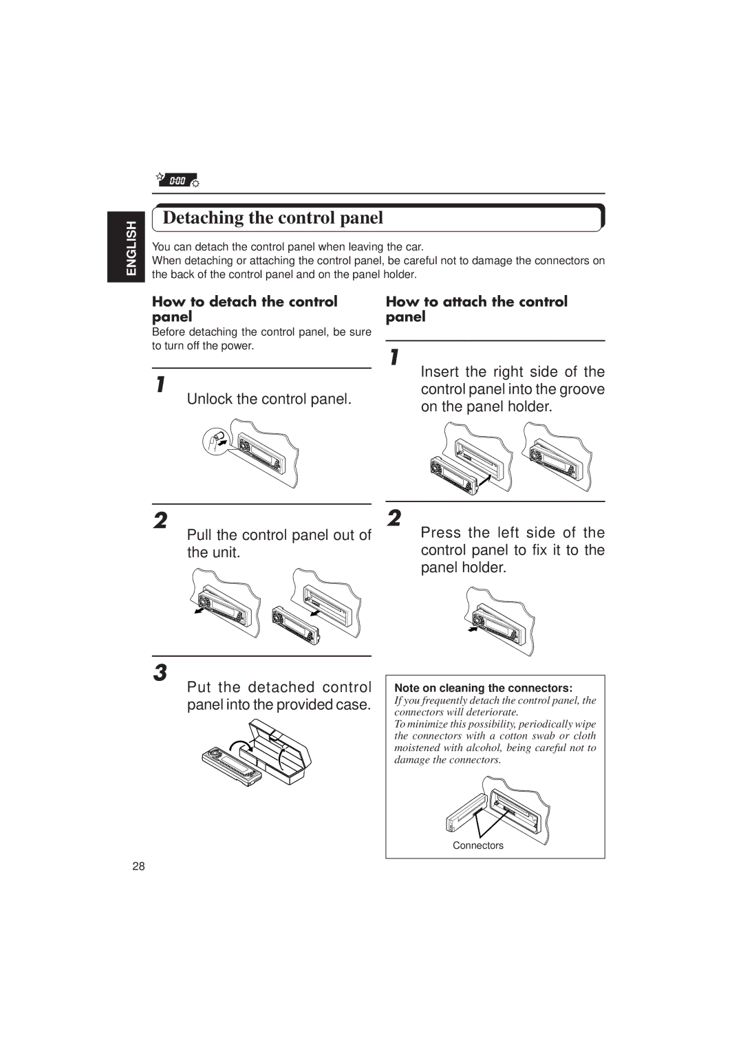 JVC KD-SX949, KD-SX940 manual Detaching the control panel, Unlock the control panel, How to detach the control panel 