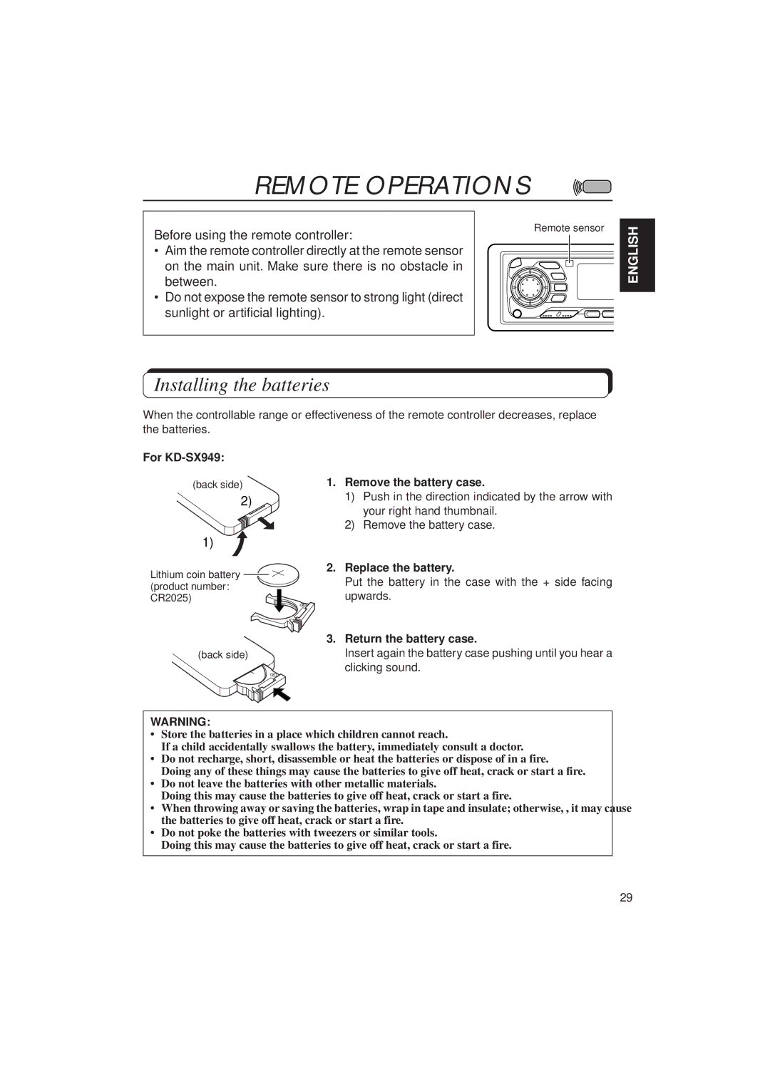 JVC KD-SX940, KD-SX949 manual Remote Operations, Installing the batteries 