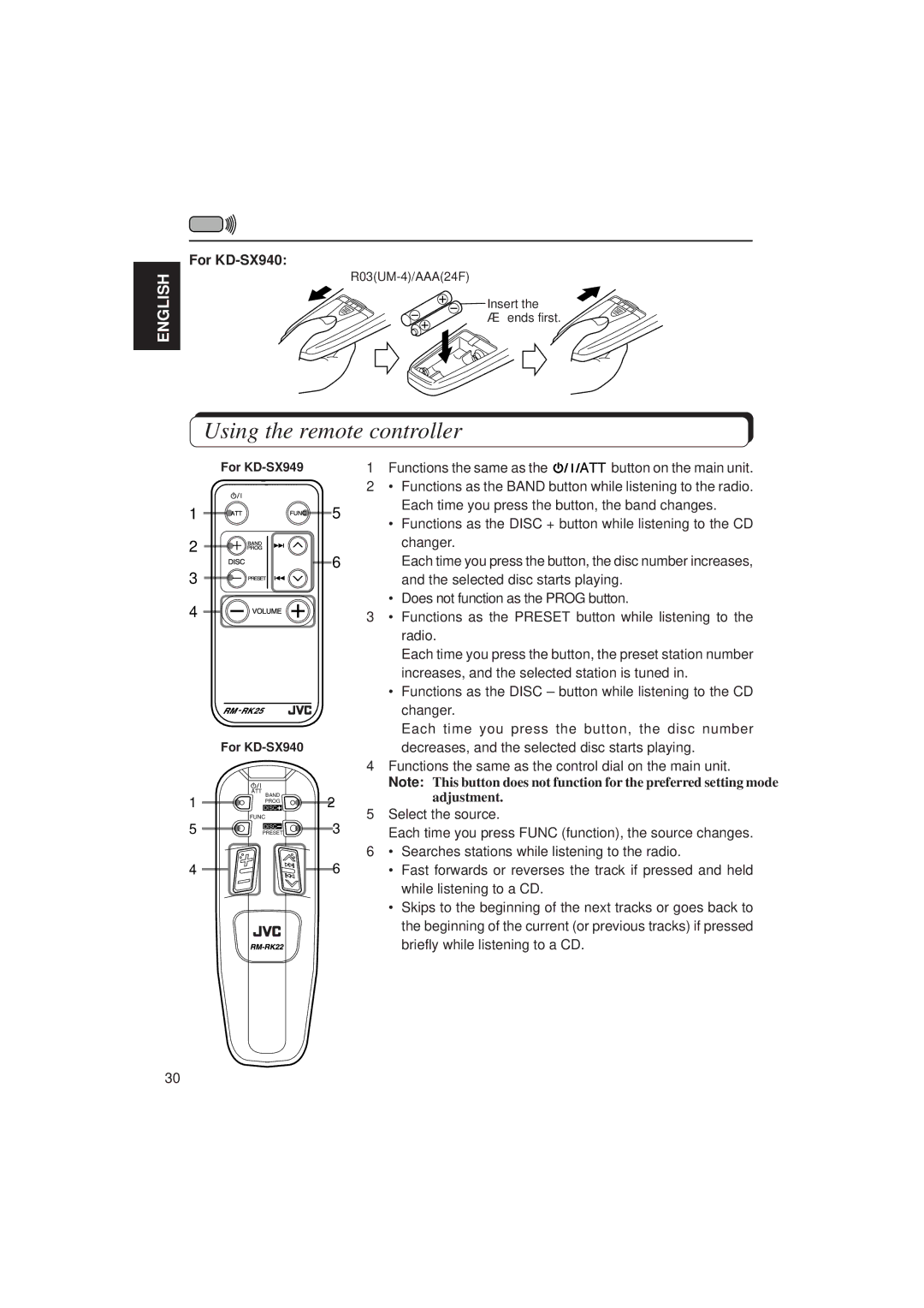 JVC KD-SX949 manual Using the remote controller, For KD-SX940 