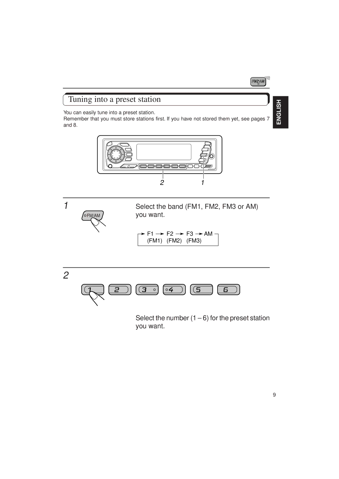 JVC KD-SX940, KD-SX949 manual Tuning into a preset station, Select the number 1 6 for the preset station you want 