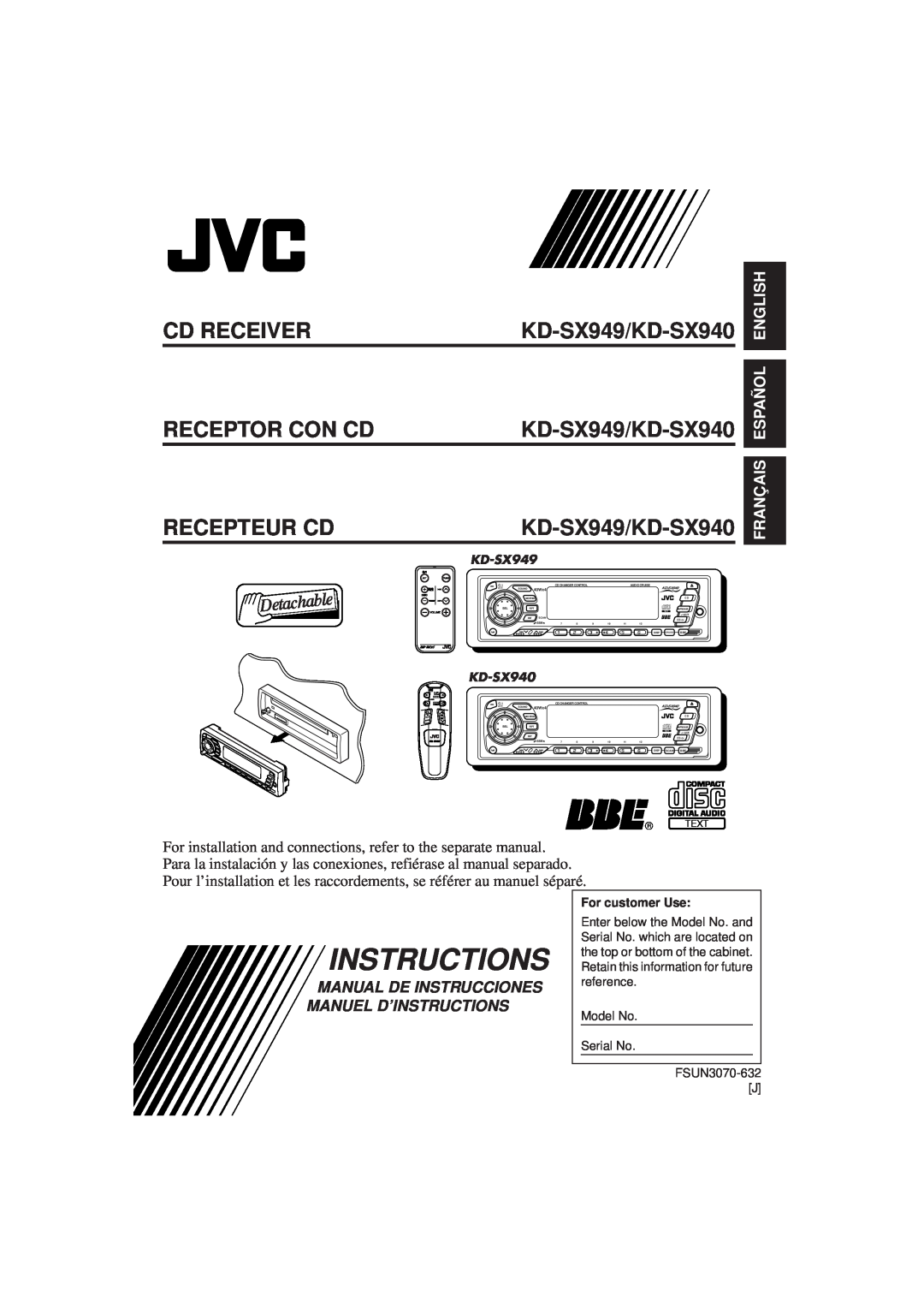 JVC manual Instructions, Cd Receiver, Receptor Con Cd, Recepteur Cd, KD-SX949/KD-SX940, Français Español English, Disc 