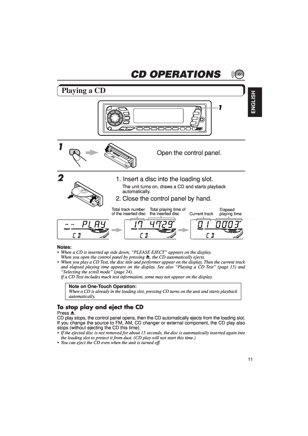 JVC KD-SX940, KD-SX949 manual Cd Operations, Playing a CD, To stop play and eject the CD, English 