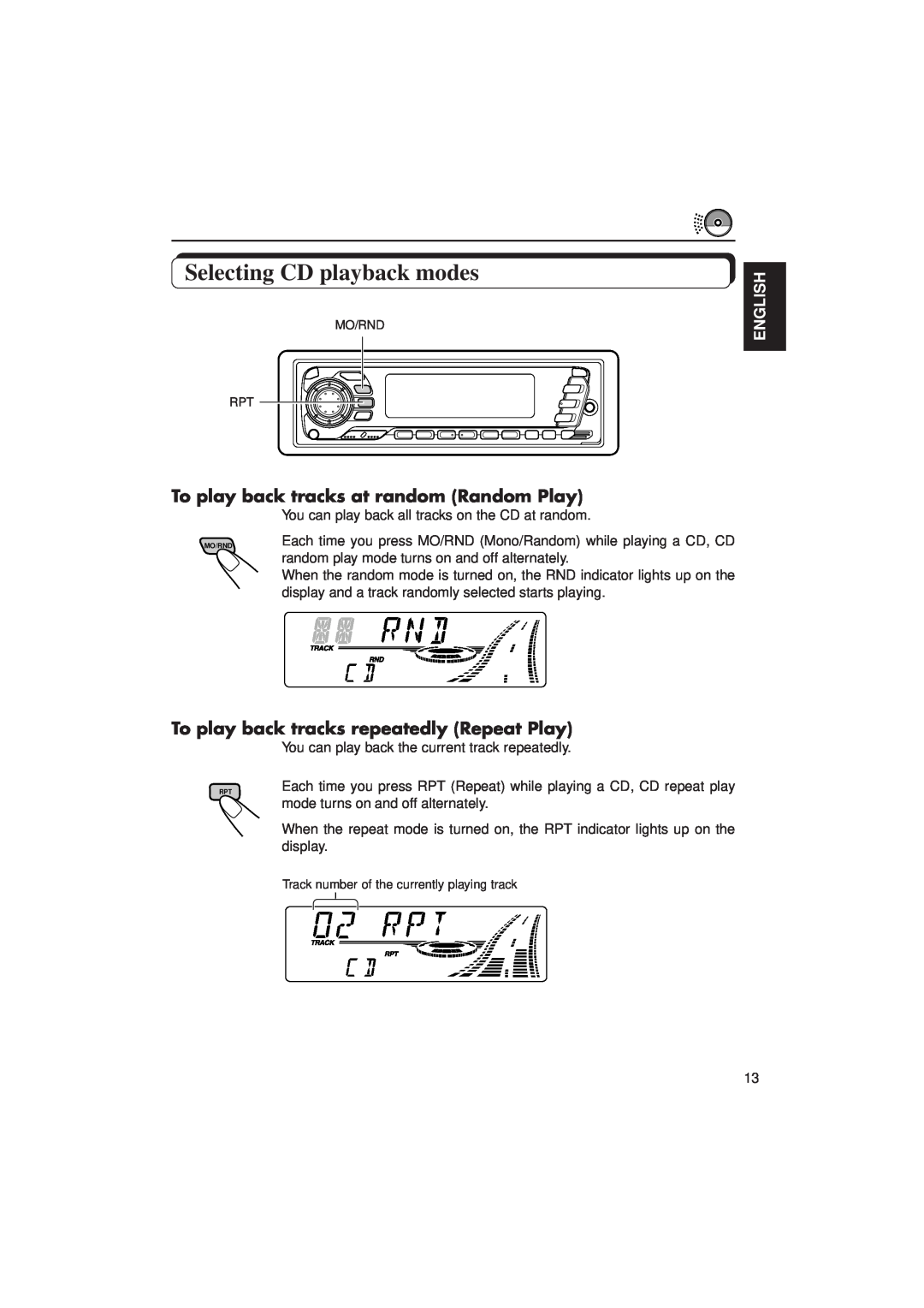 JVC KD-SX940, KD-SX949 manual Selecting CD playback modes, To play back tracks at random Random Play, English 