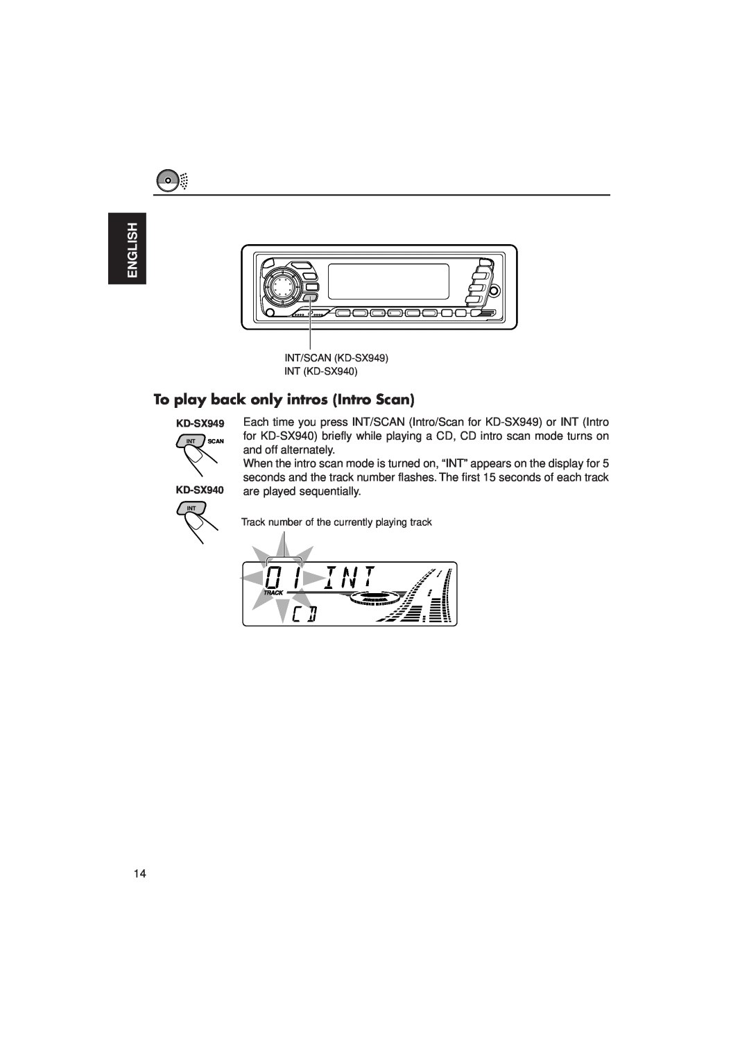 JVC KD-SX949, KD-SX940 manual To play back only intros Intro Scan, English 
