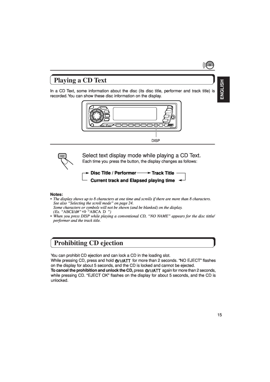 JVC KD-SX940, KD-SX949 manual Playing a CD Text, Prohibiting CD ejection, English, Disc Title / Performer Track Title 