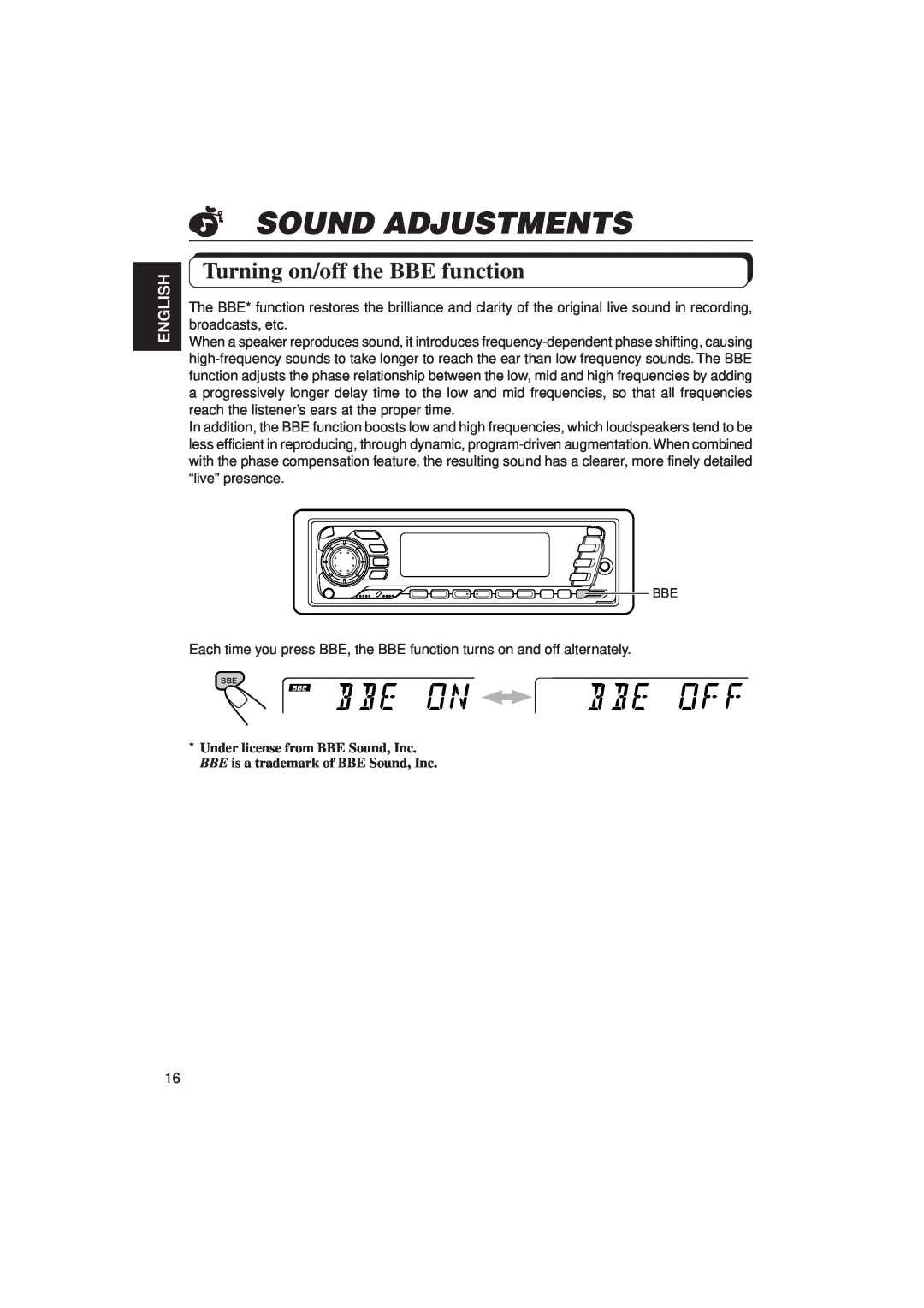 JVC KD-SX949, KD-SX940 manual Sound Adjustments, Turning on/off the BBE function, English 