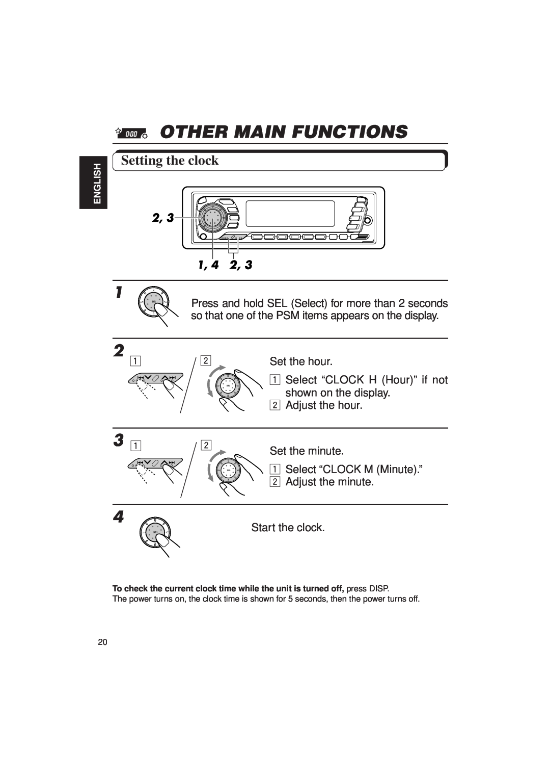 JVC KD-SX949, KD-SX940 manual Other Main Functions, Setting the clock, Press and hold SEL Select for more than 2 seconds 