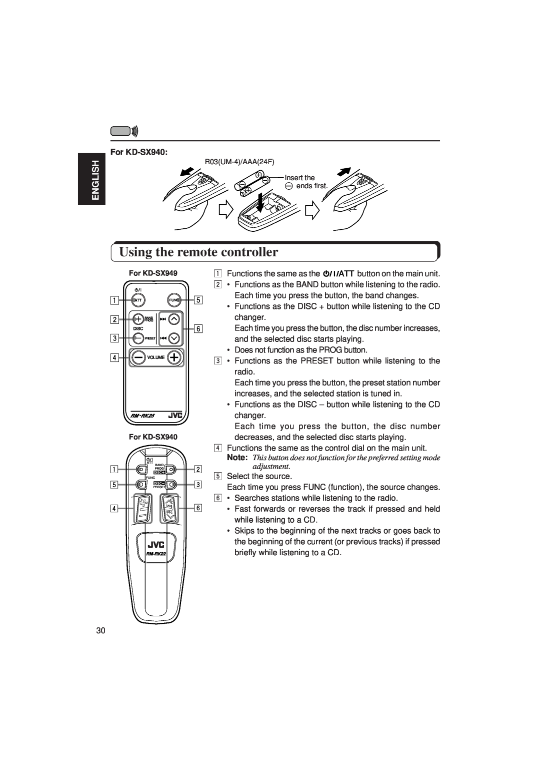 JVC KD-SX949 manual Using the remote controller, English, 1 2, For KD-SX940 